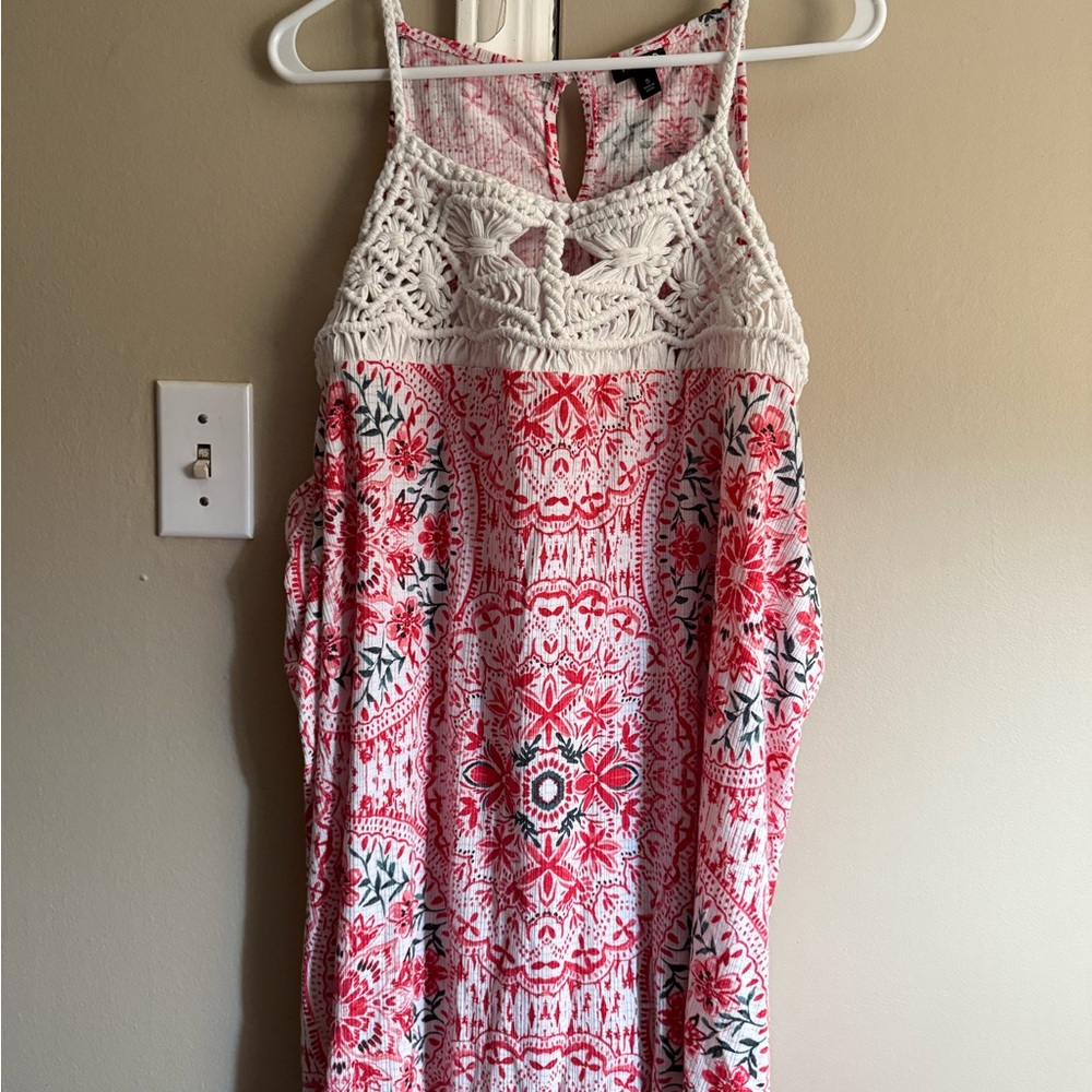 Floral Crochet Halter Top - Red and White